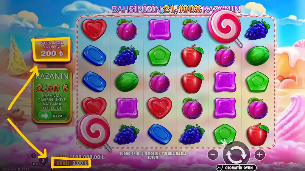 Sweet Bonanza ücretsiz dönüş satın alma ekranı