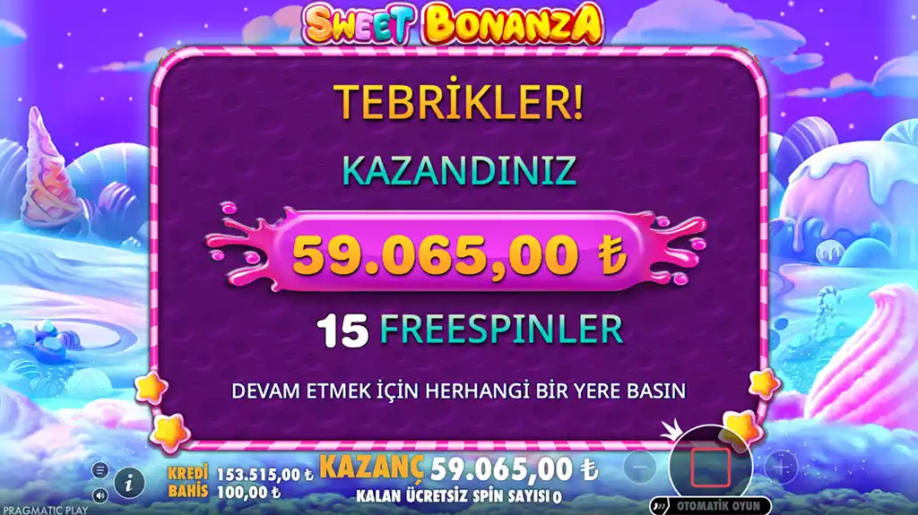 Sweet Bonanza bonus ekranı ve şeker temalı semboller